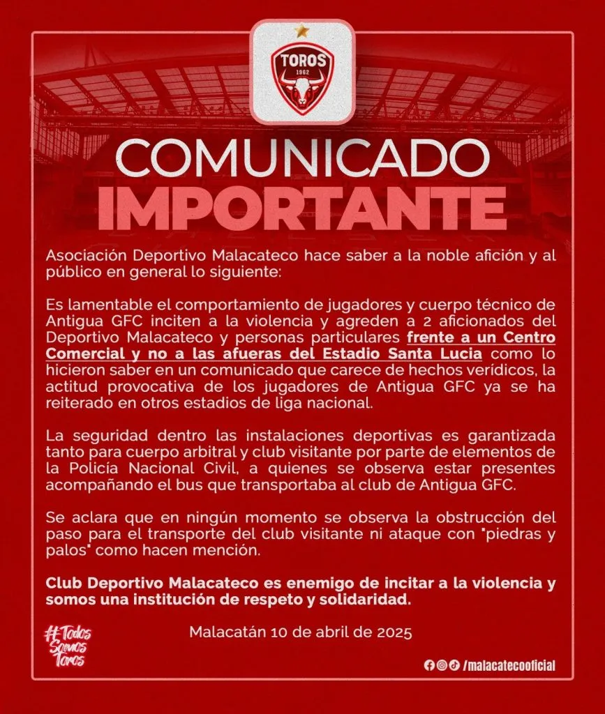 Malacateco emitió un comunicado oficial sobre lo sucedido ante Antigua GFC.