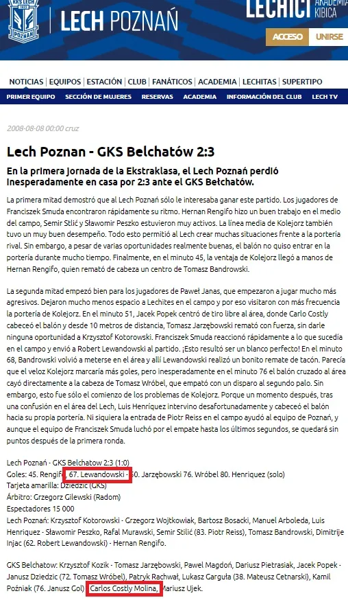 En la web del Lech Poznan se puede encontrar también la crónica del partido en que Costly le ganó a Lewandowski.