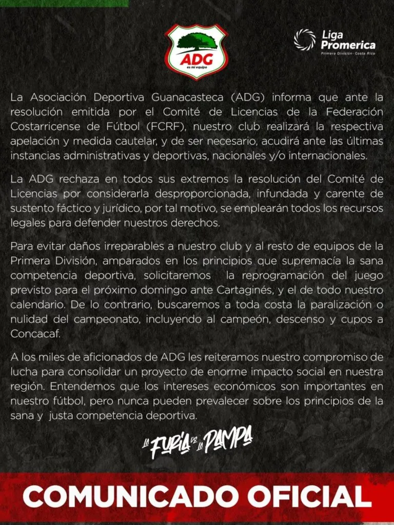 Comunicado que lanzó Guanacasteca.