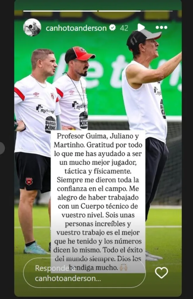 La publicación de Anderson Canhoto en sus redes sociales.