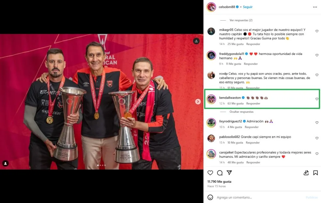 El mensaje que Kendall Waston le dejó a Celso Borges. (Instagram)