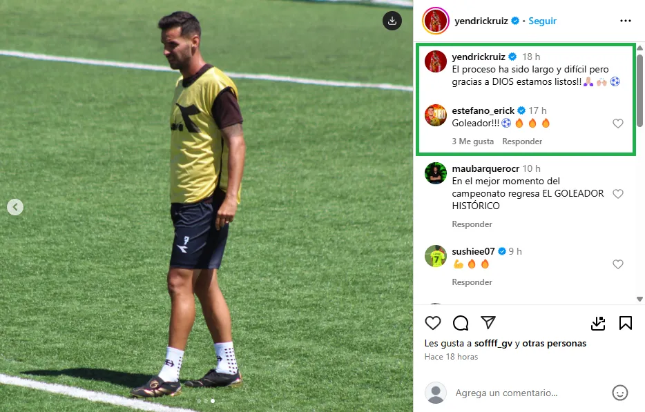 La publicación de Yendrick Ruiz a la que reaccionó el Cubo Torres. (Instagram)