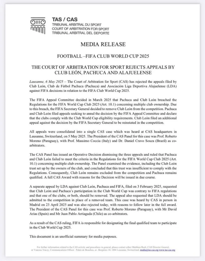 El comunidado del TAS. (X.com)