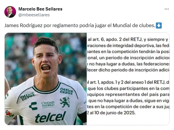 La publicación del abogado que ilusiona a los fanáticos de James Rodríguez. (X.com)