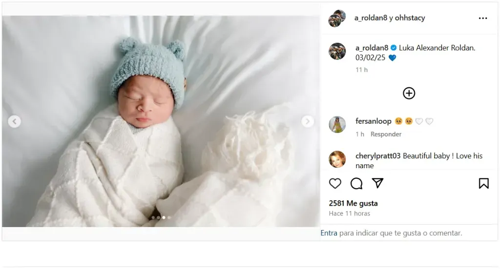 La publicación con la que Alex Roldán contó el nacimiento de su niño.