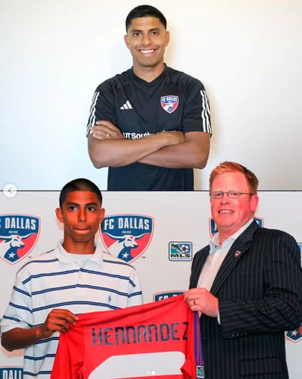 La imagen que compartió Dallas FC en sus redes. Arriba la actualidad y abajo sus inicios como jugador del club.