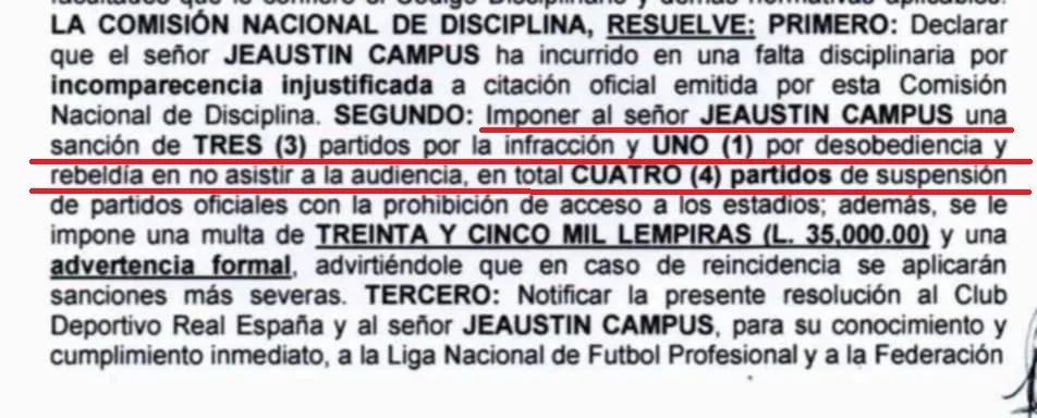 La Comisión de Disciplina sancionó con cuatro juegos a Jeaustin Campos por lo que dijo en la conferencia de prensa tras el juego ante Motagua en semis.