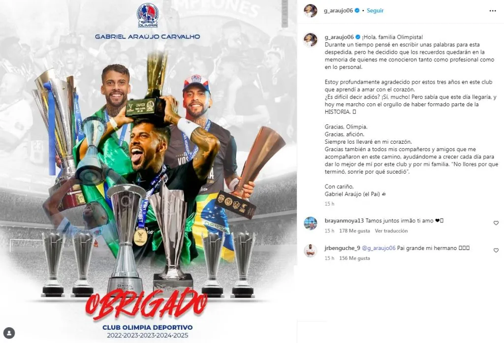 Este fue el mensaje que dejó Gabriel Araújo en su despedida de Olimpia.