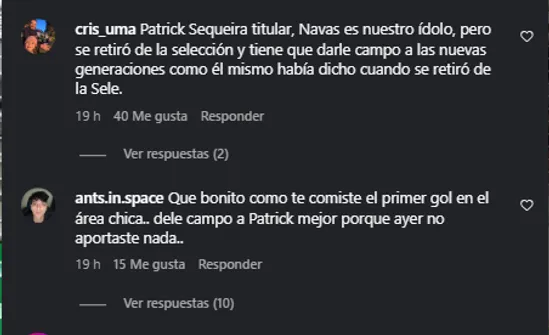 Mensajes de hinchas sobre Keylor Navas en Instagram.