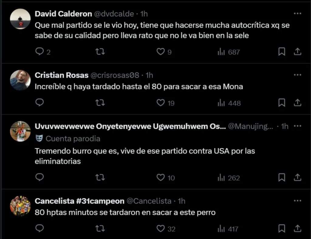 Algunos comentarios sobre el partido de Brandon Aguilera. (Foto: captura de X)