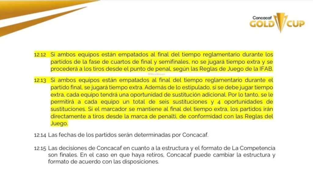 El reglamento de Concacaf para los cuartos y semis de la Copa Oro.