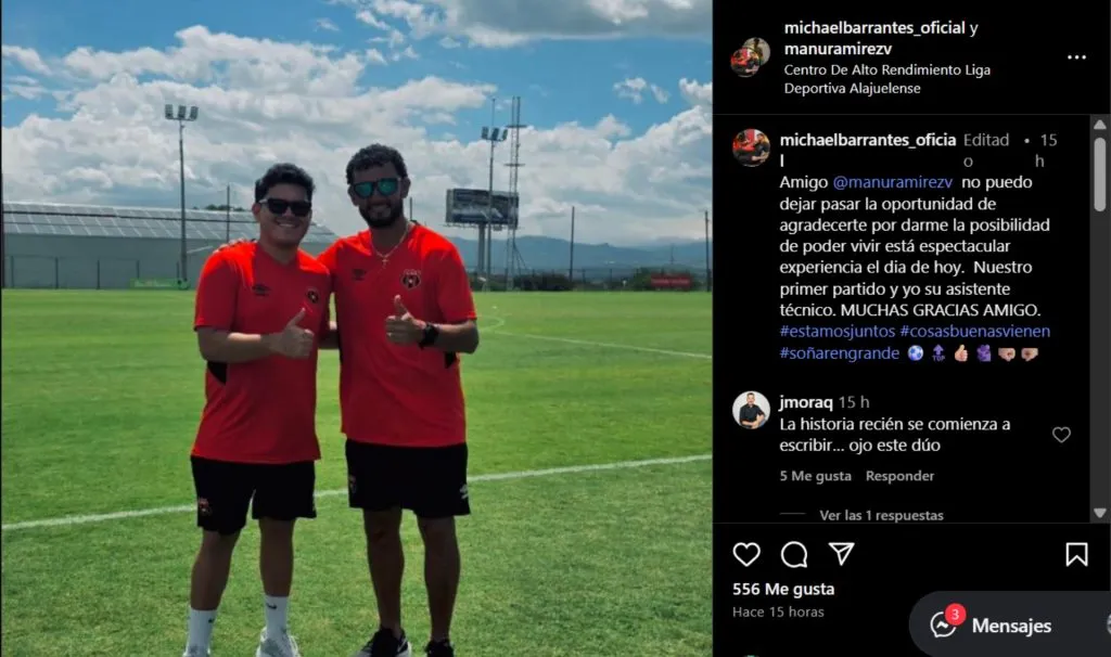 La publicación de Michael Barrantes con la camiseta de Alajuelense.