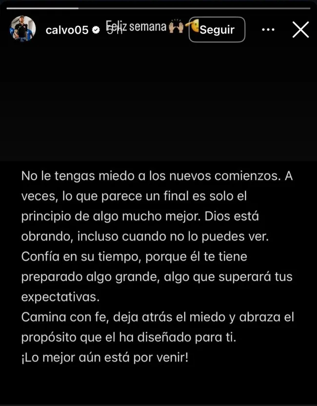 Mensaje de Francisco Calvo en su cuenta oficial de IG