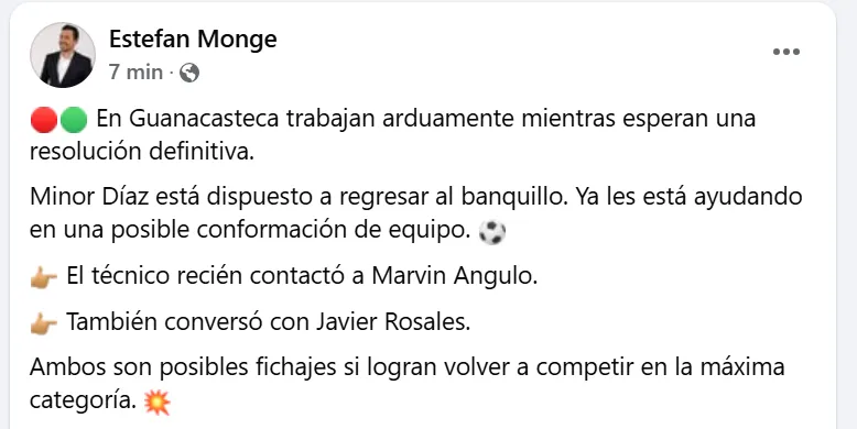 Estefan Monge informó sobre el interés de la ADG por Angulo (Facebook).