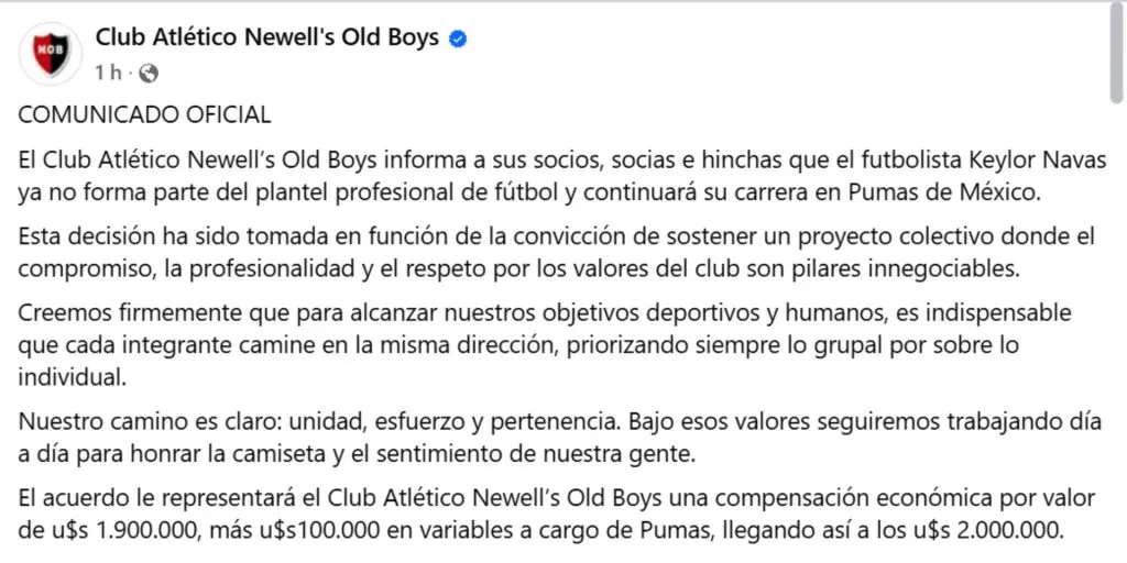 El comunicado que publicaron desde Newell’s.