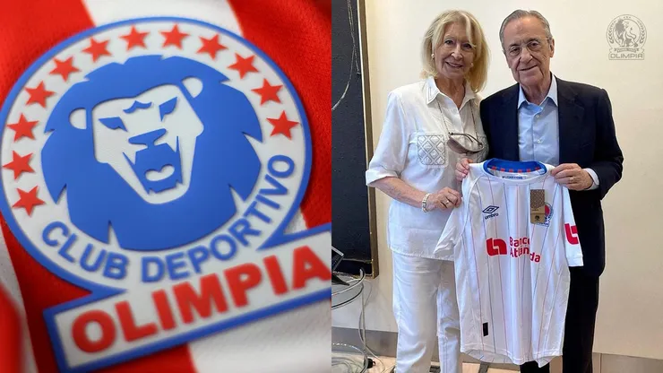 Florentino Pérez recibió la camisa de Olimpia y así posó.