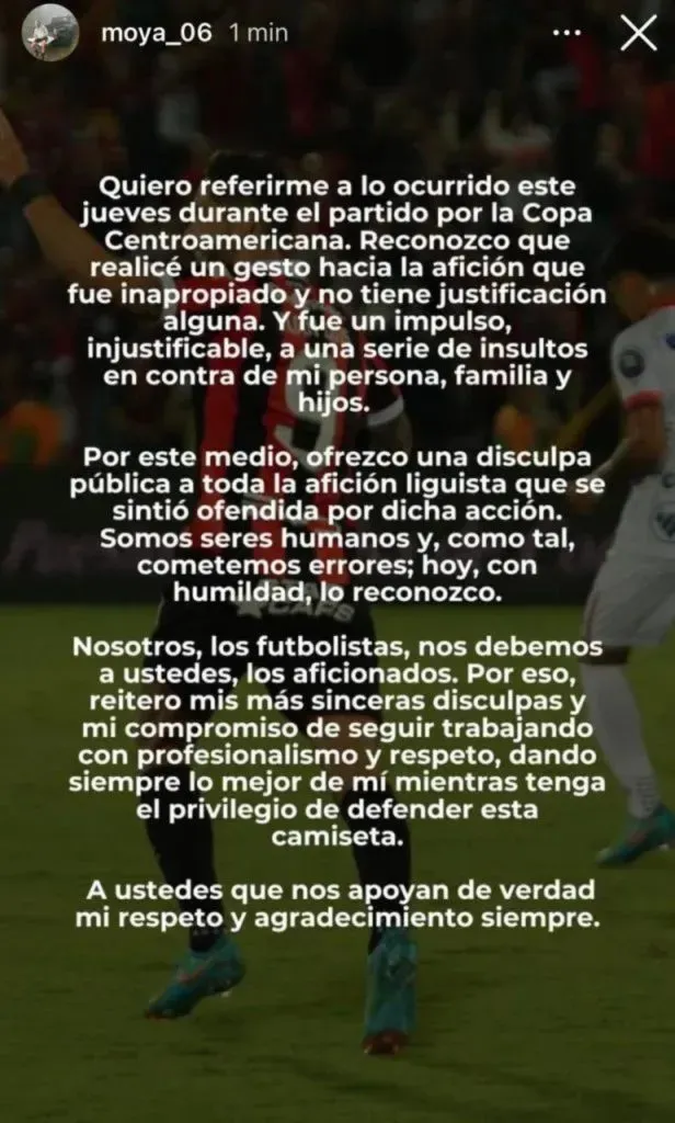 El mensaje que publicó Jonathan Moya en sus redes.
