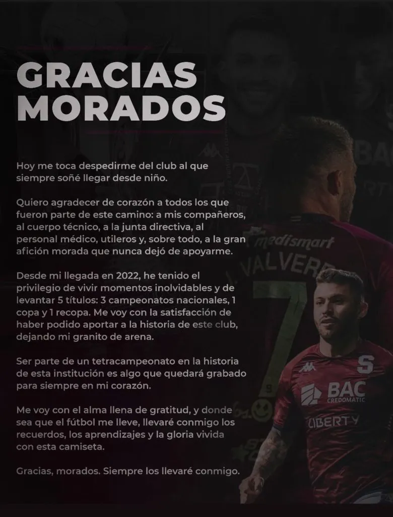 La carta que publicó Jeffry Valverde en sus redes sociales.