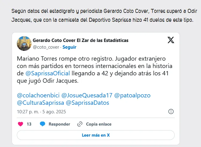 Publicación del Deportivo Saprissa en su sitio web