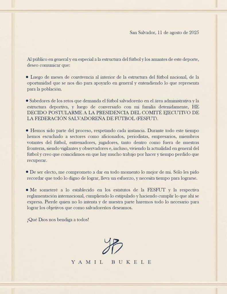 El comunicado completo de Yamil Bukele. (Foto: X)