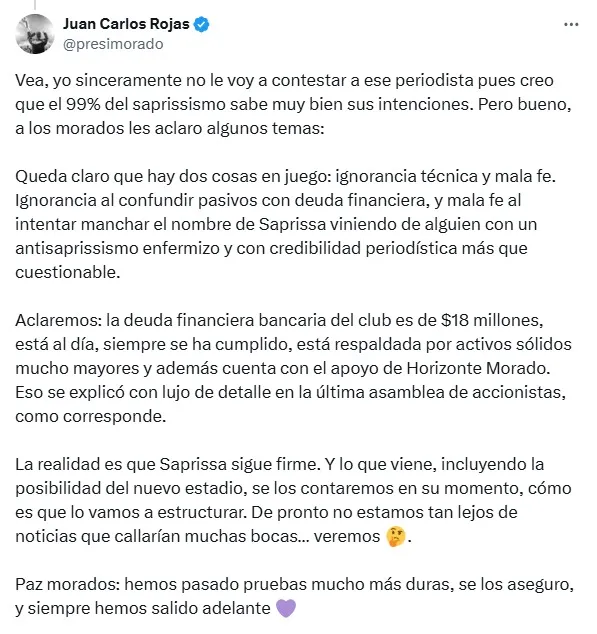 Mensaje de Juan Carlos Rojas, presidente del Deportivo Saprissa