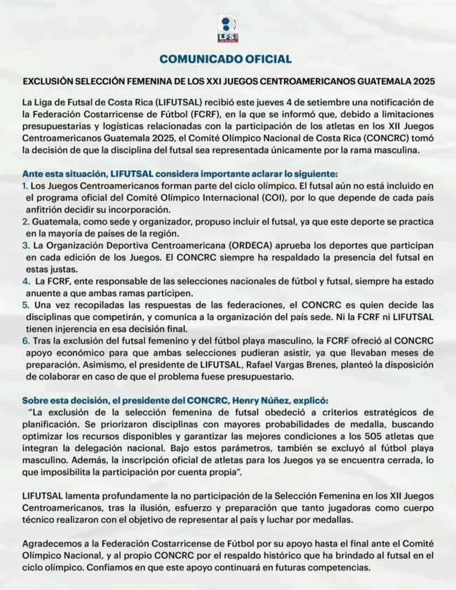 Comunicado oficial de la descalificación de Costa Rica. (Foto: LFS)