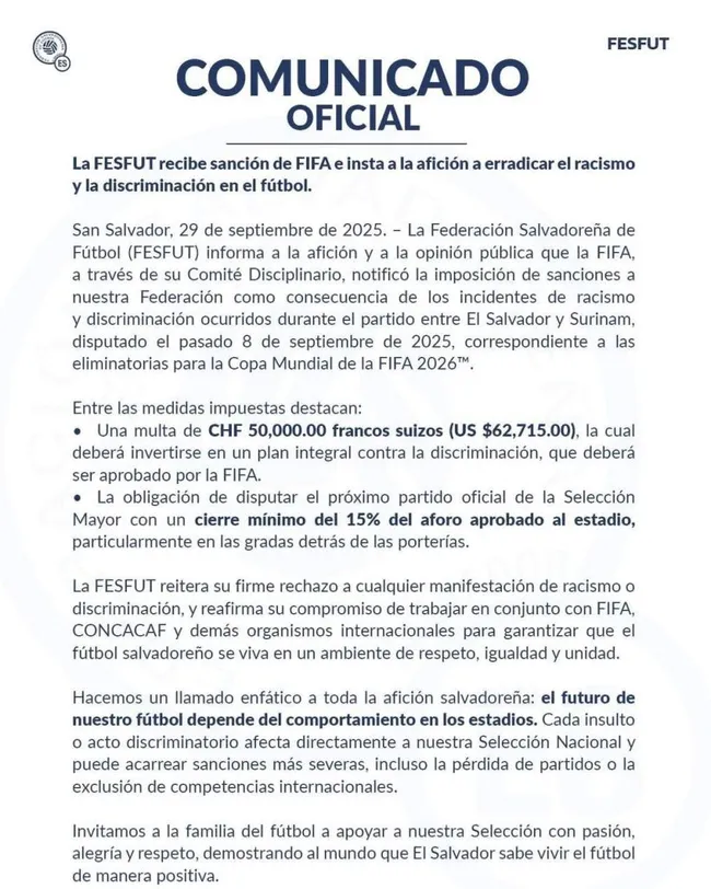 El comunicado oficial de la FESFUT tras la sanción.