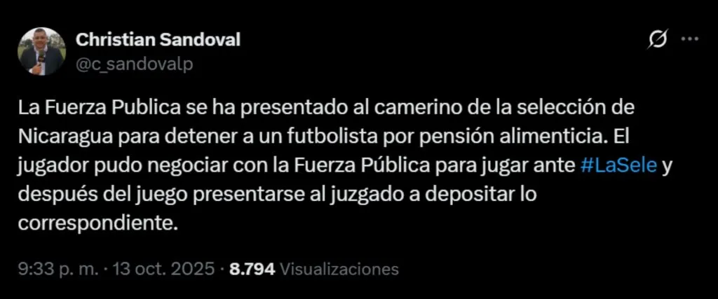 La información sobre el jugador casi detenido de Nicaragua. (Foto: X)