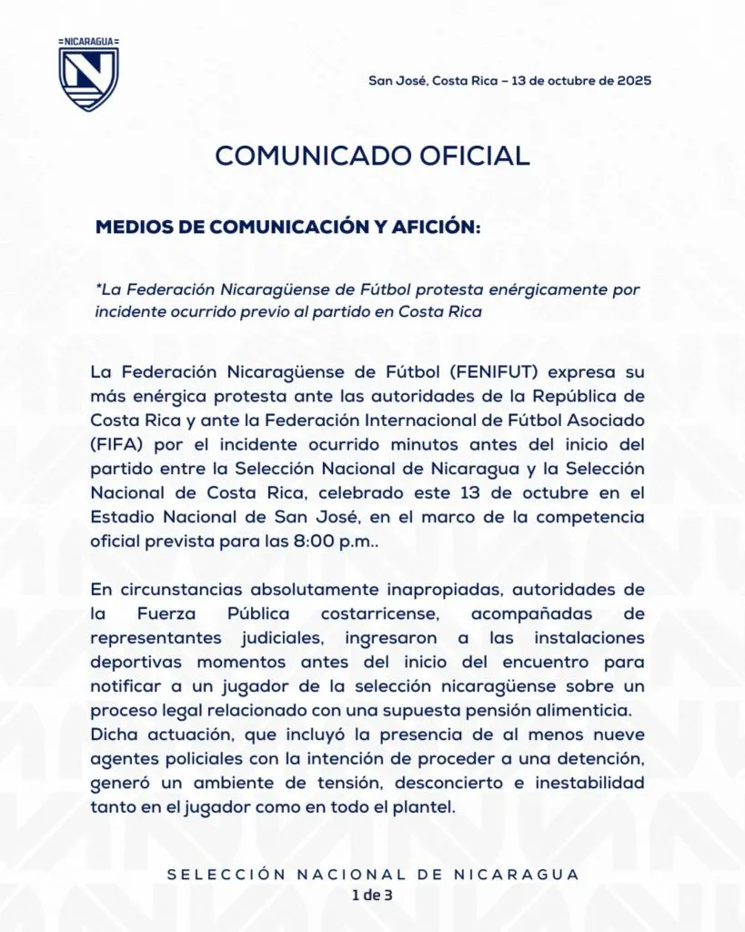 El comunicado que presentó la Federación de Nicaragua. (Foto: Fenifut)