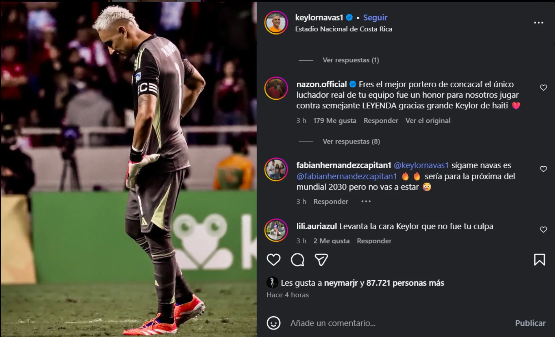 El comentario de Nazon al posteo de Keylor Navas. (Foto: Instagram)