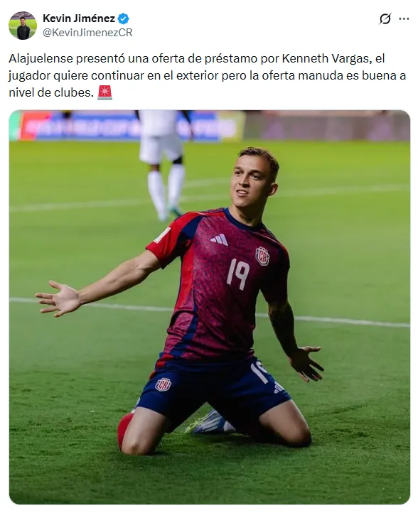 Kenneth Vargas podría jugar en Alajuelense. (X.com)