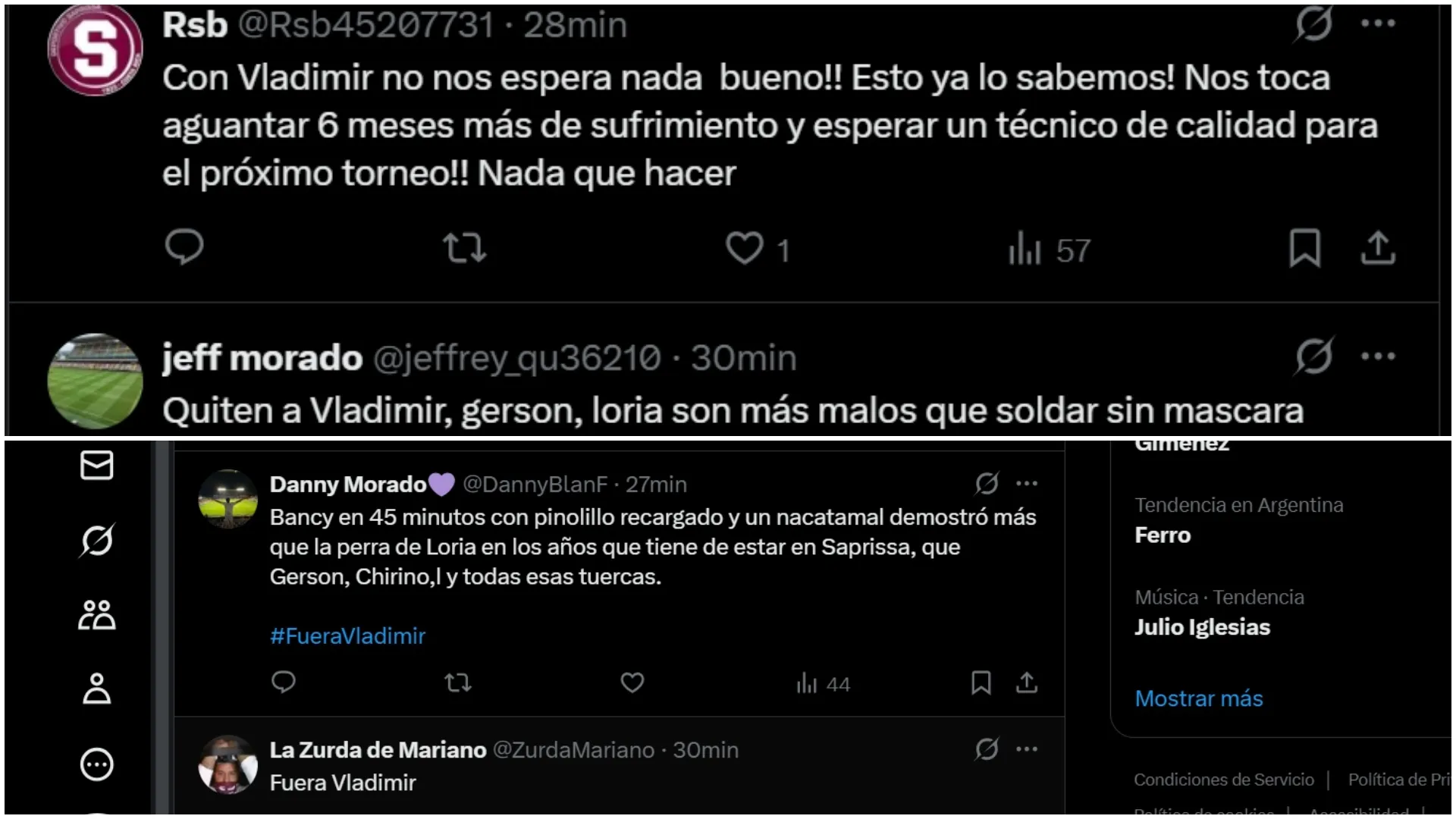 Algunos mensajes pidiendo la salida de Vladimir Quesada.