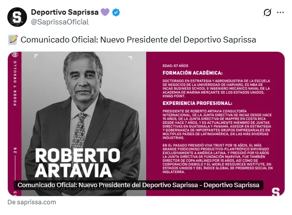 Así oficializó Saprissa a su nuevo presidente. (X.com)
