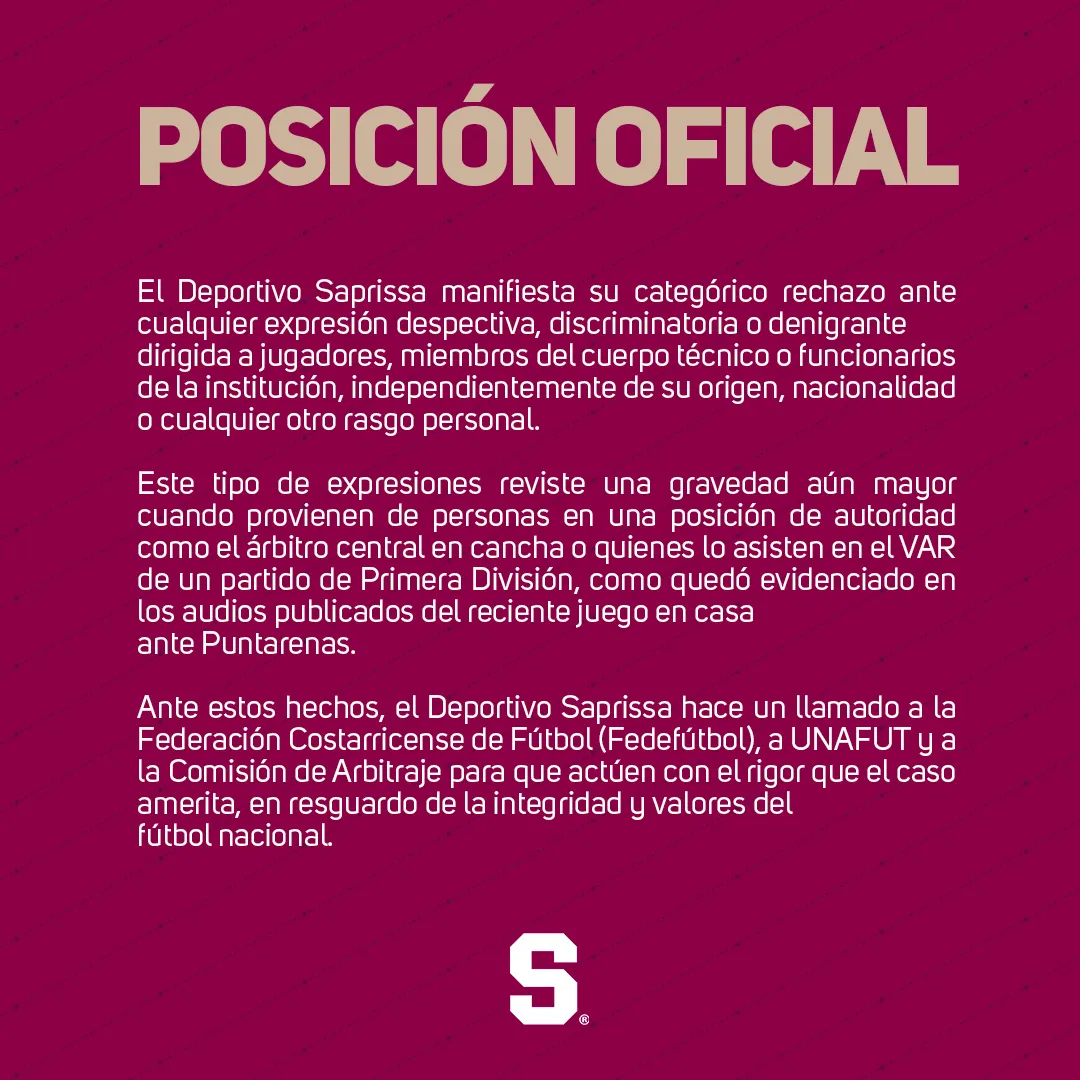 El comunicado oficial de la “S”. (Foto: Saprissa)