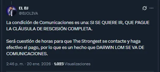 Periodista Byron Oliva en su cuenta oficial de X