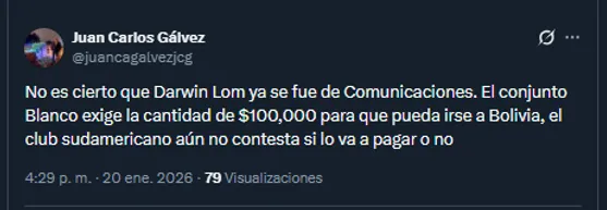 Periodista Juan Carlos Gálvez en su cuenta oficial de X