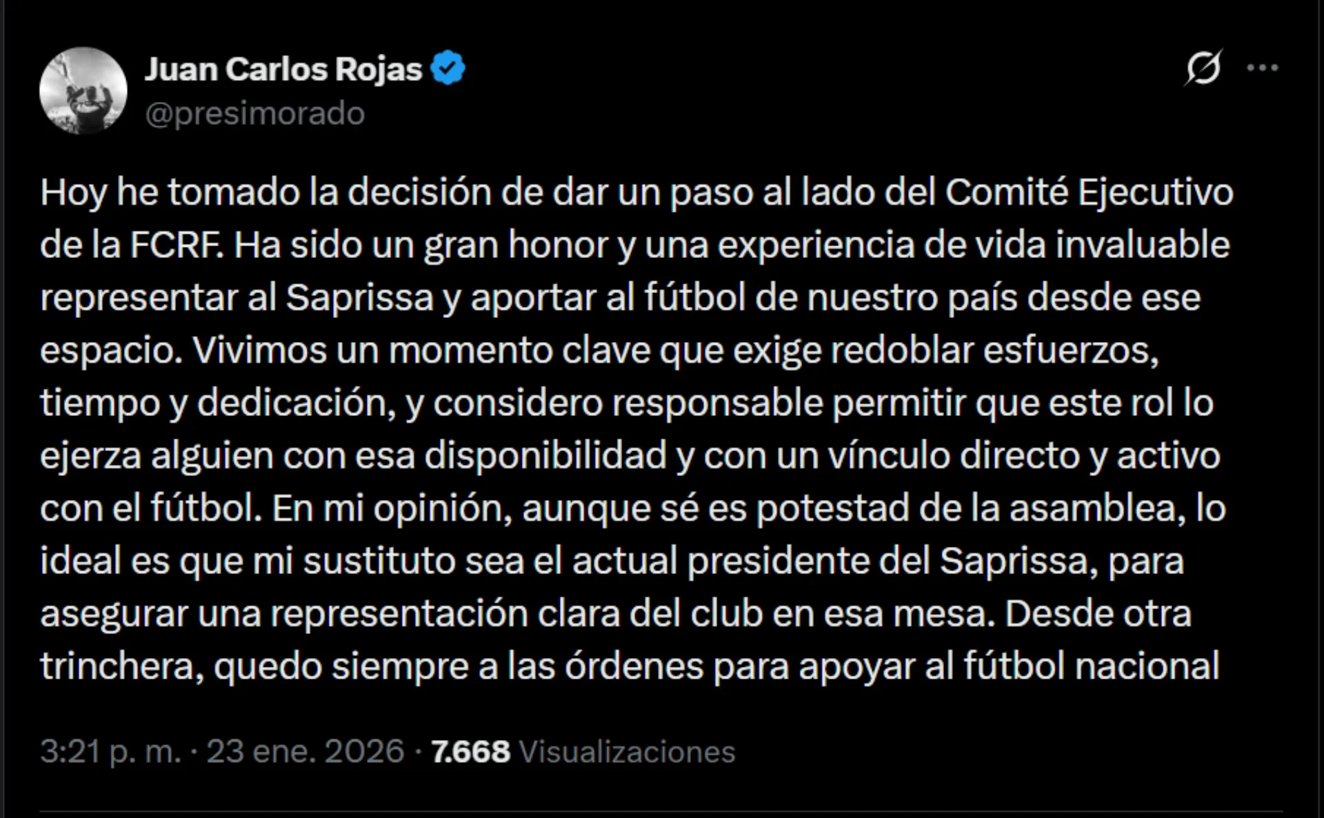 El mensaje de despedida de Juan Carlos Rojas.