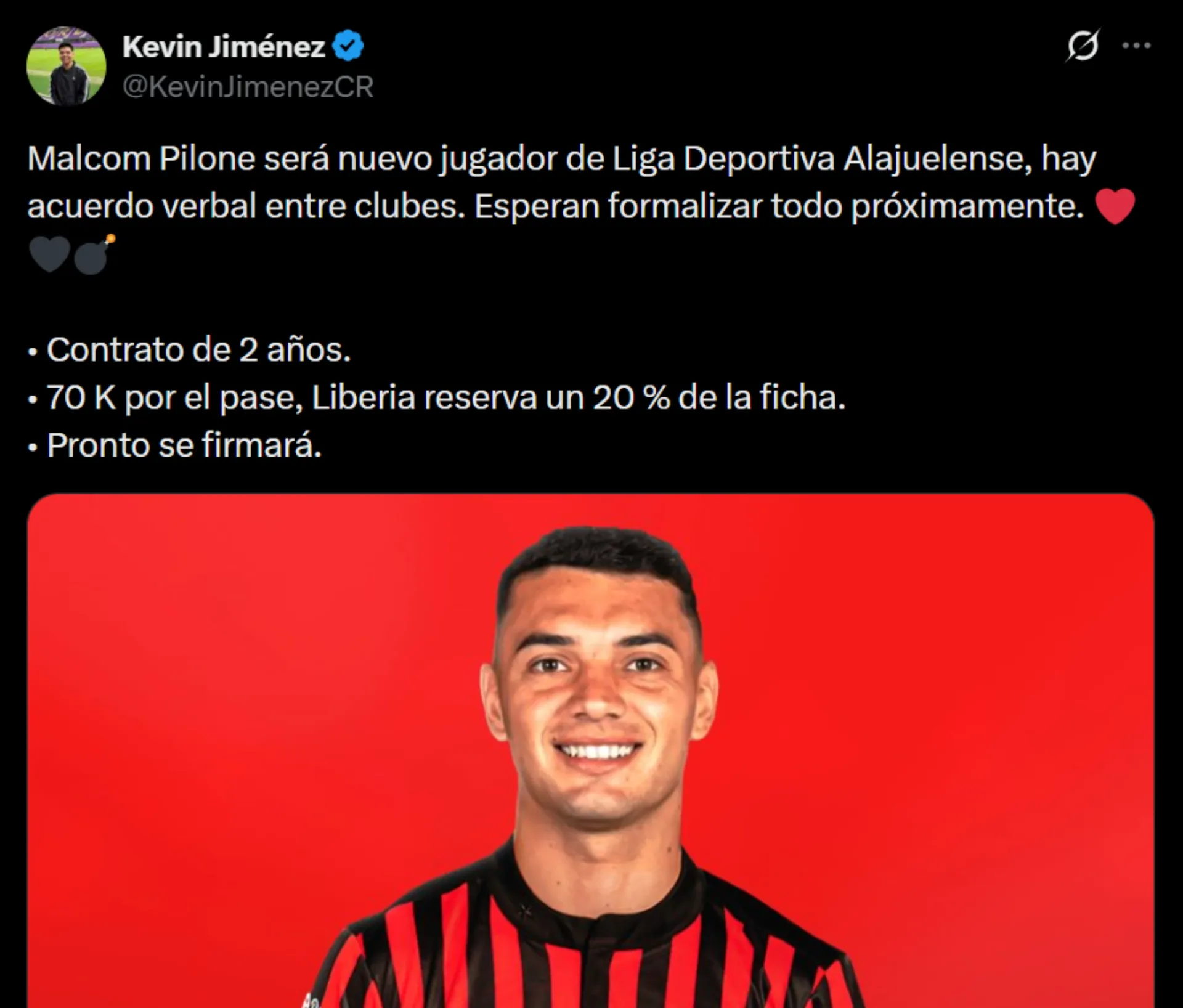 Malcom Pilone será jugador de Alajuelense. (Foto: X)