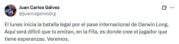 Juan Carlos Galvez publicó en X la información sobre Darwin Lom.