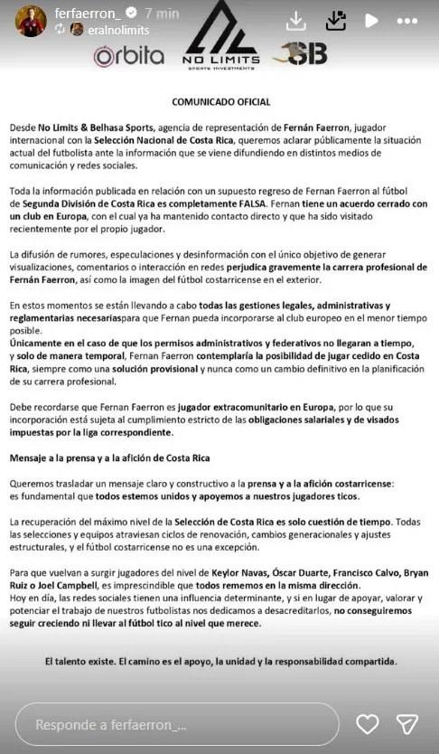 Comunicado oficial: No Limit &amp; Belhasa Sports, agencia de representación de Fernán Faerron