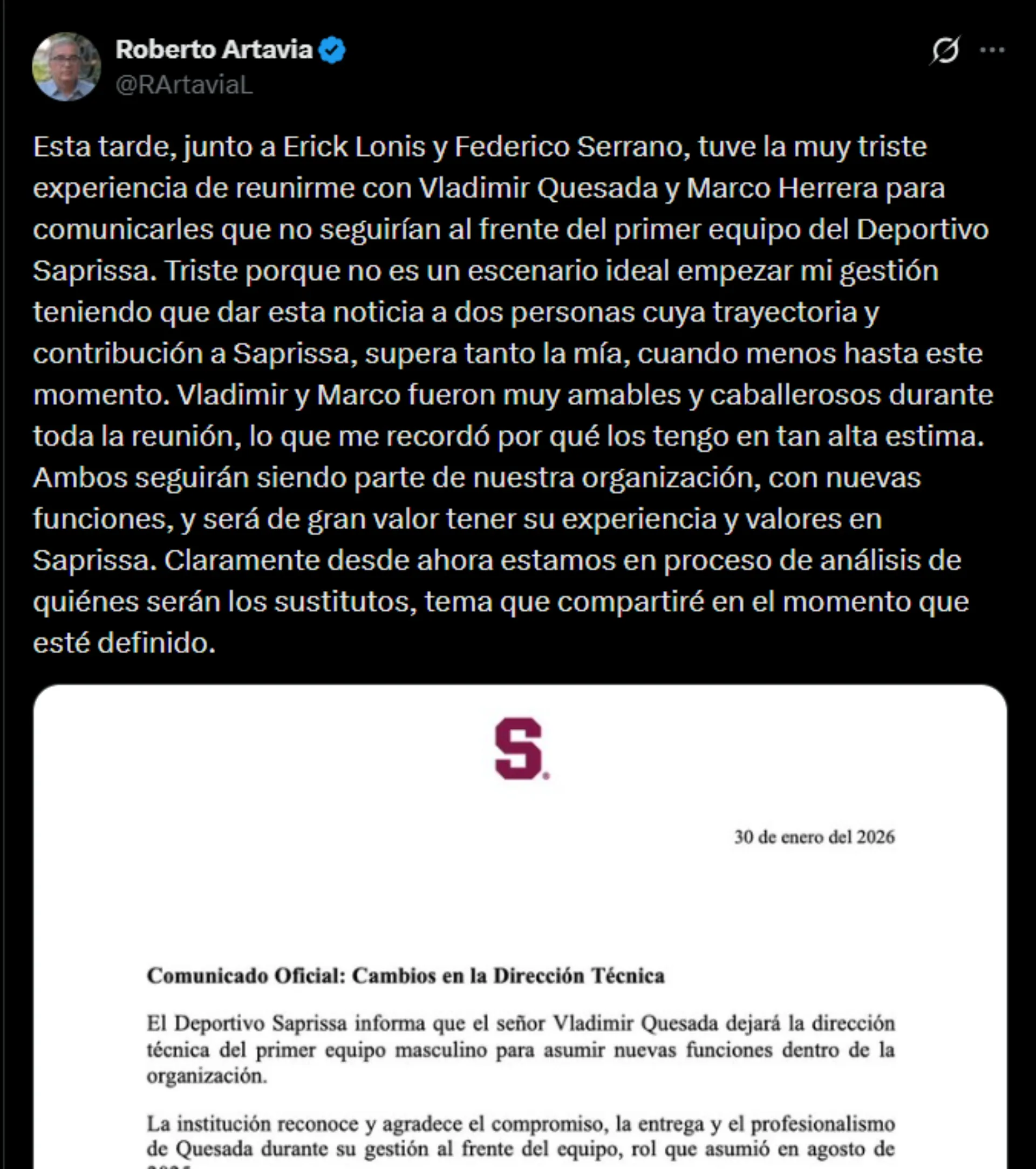 El comunicado de Roberto Artavia. (Foto: X)