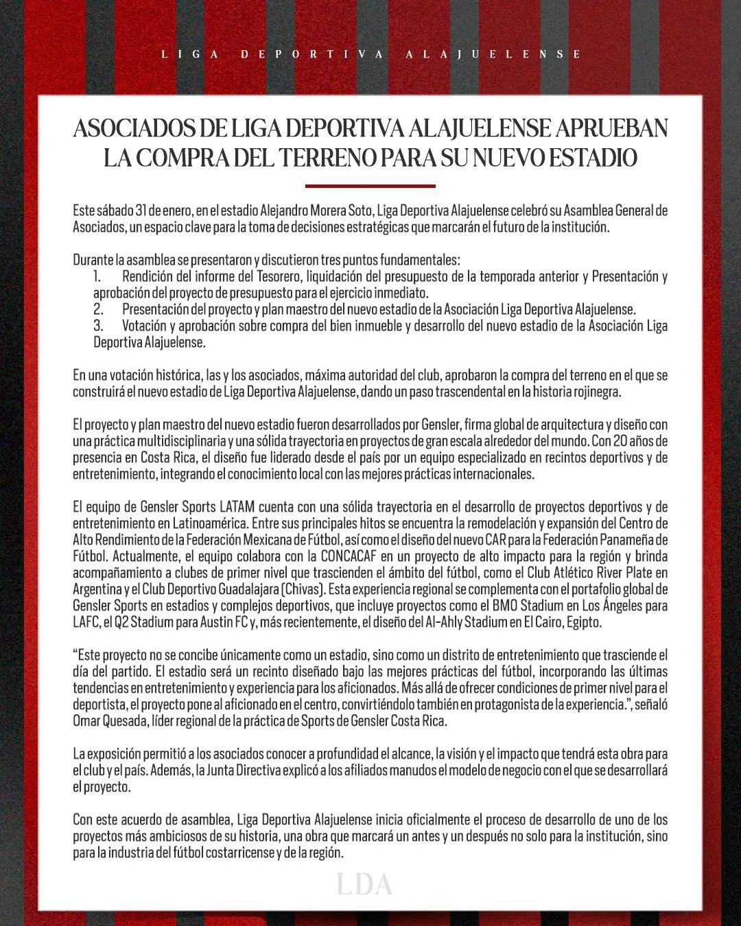 El comunicado de Alajuelense informando la aprobación del proyecto.