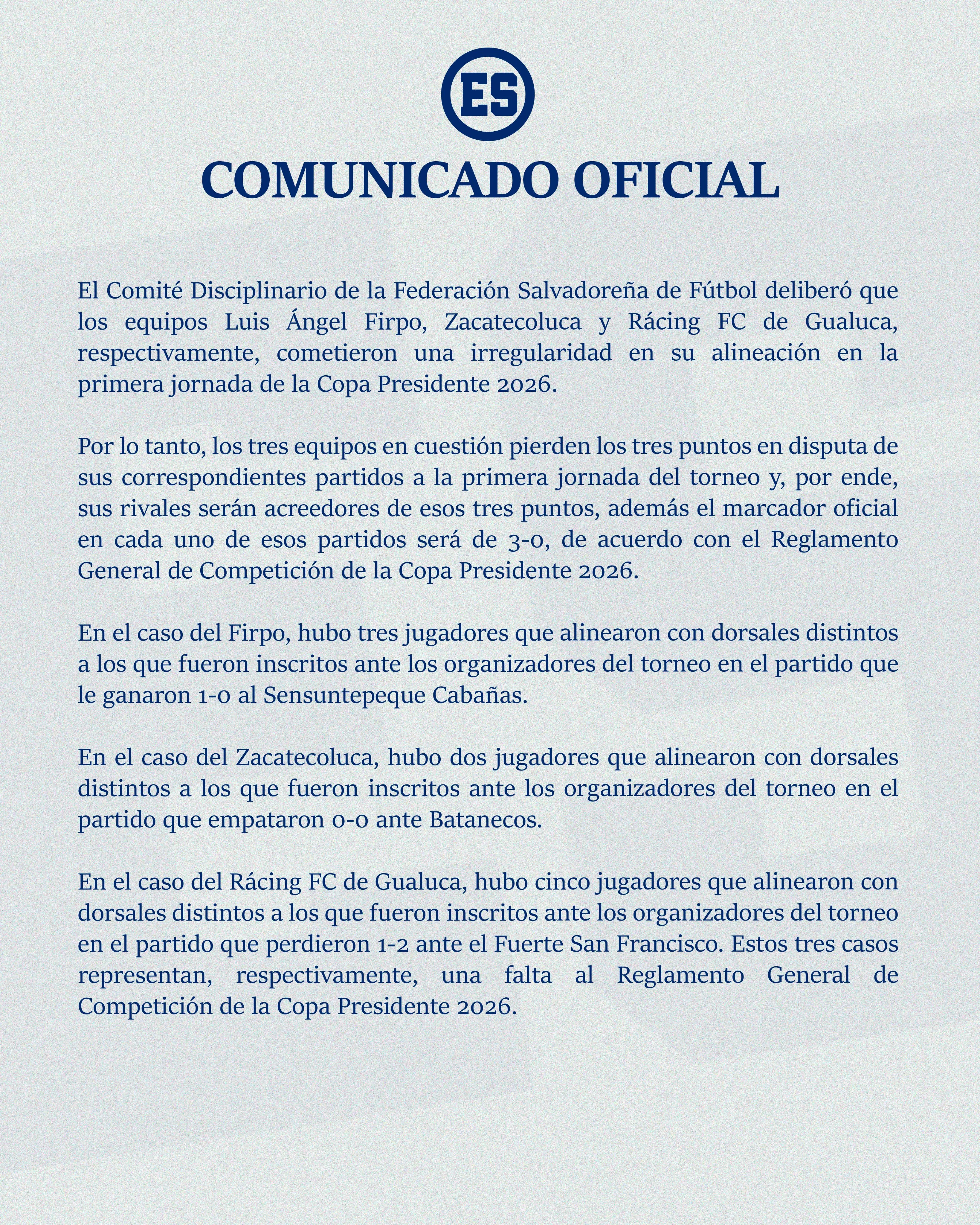 Comunicado de la Fesfut.