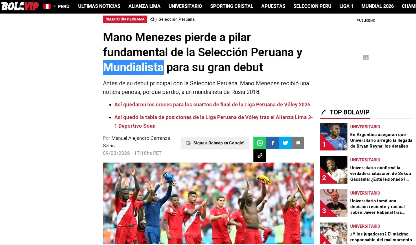 Bolavip Perú confirma la baja del mundialista Wilder Cartagena.