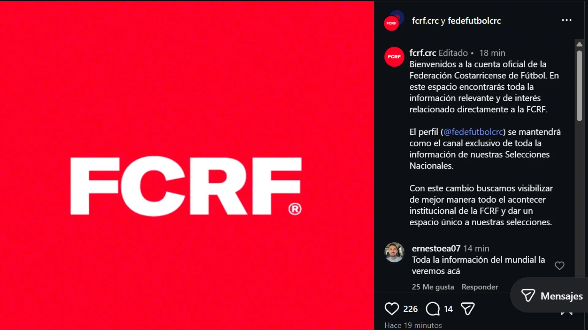 El anuncio de la FCRF. (Foto: Instagram)