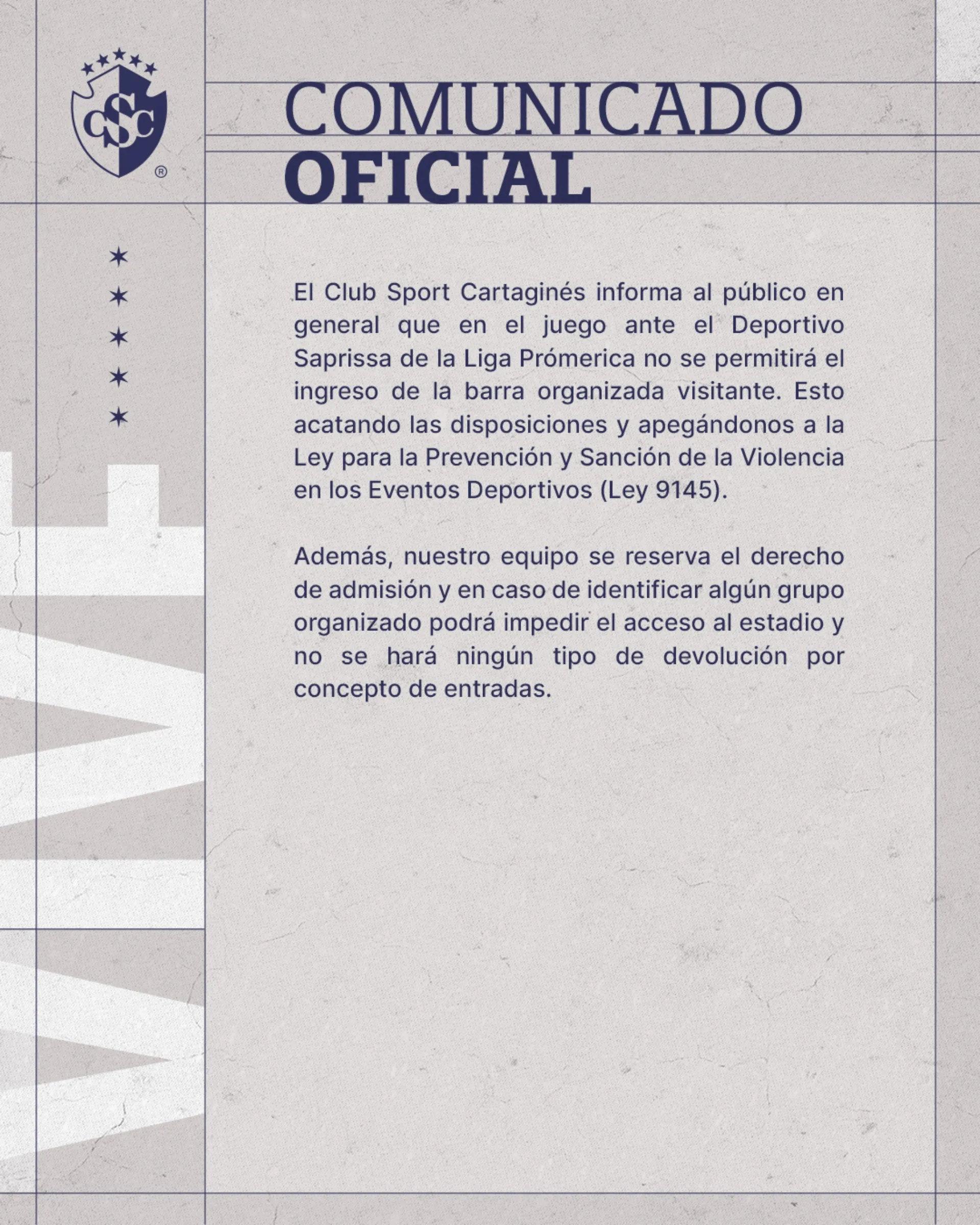 El comunicado que compartió Cartaginés. (Foto: X)