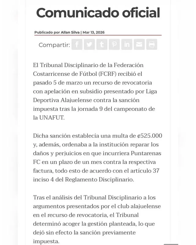Fedefútbol acogió el recurso de Alajuelense.