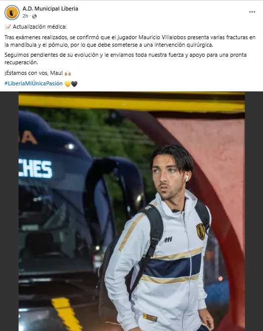 Liberia dio el parte médico de Mauricio Villalobos. (Foto: Facebook)