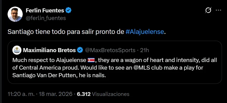 Ferlin Fuentes lo ve a Alajuelense yéndose en el próximo mercado.