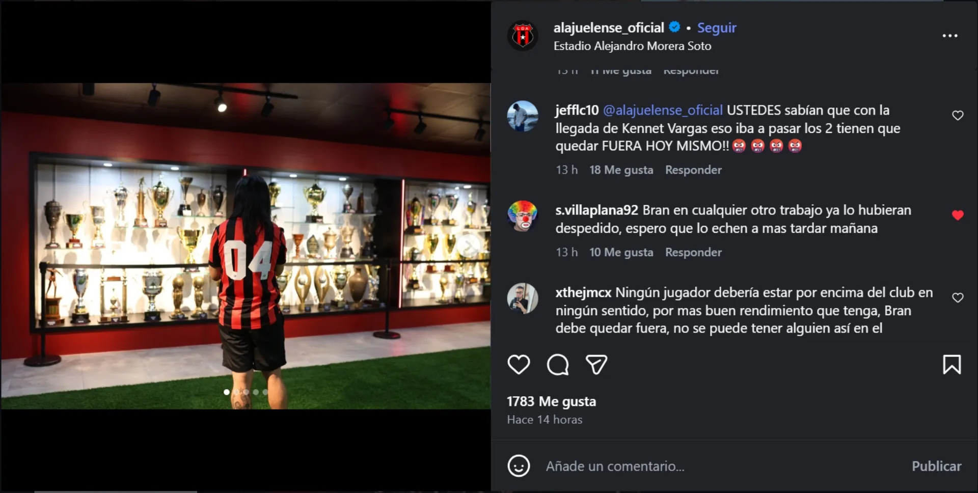 Los comentarios en contra de Alejandro Bran en el último posteo de Alajuelense. (Foto: Instagram)